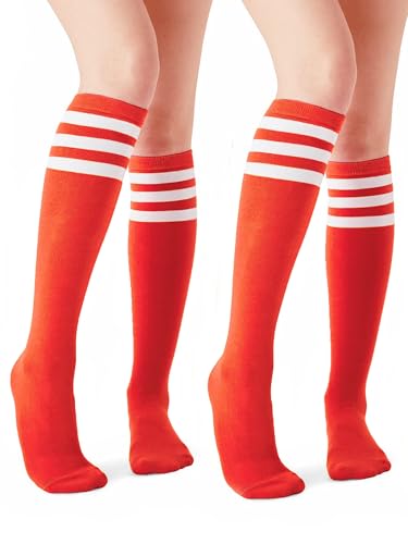Durio 2 Pairs Knee High Socks for Women - Long Tube Soccer Football Athletic Stockings With Tall Stripes
