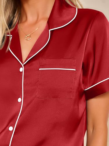 Image of LILLUSORY Silk Satin Pajama Set for Women Summer Two Piece Fall Lounge Pjs | Cozy Matching Sleepwear, Short Sleeve Button Down Shirt and Shorts, Soft Loungewear with Pocket, Cute Trendy Clothing