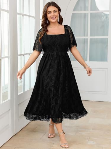 SCOMCHIC Women's Plus Size Wedding Guest Dress Formal Lace Square Neck Short Sleeve Smocked Flowy Cocktail Maxi Dresses4