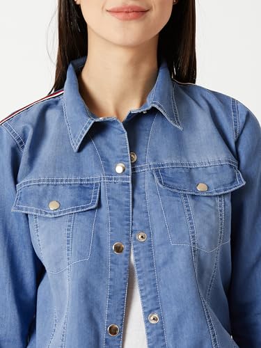 Image of Miss Chase Women's Polo Neck Full Sleeves Patch Pocket Denim Overcoat Knee-Length Jacket