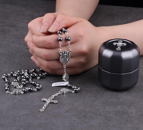 HanlinCC Colar de rosário católico de São Miguel, contas de pedra de hematita com cruz de metal para