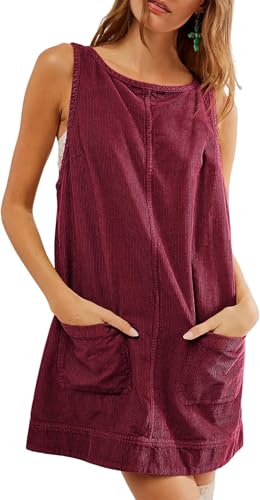 BUNSLOOM Sommerkleid Damen Latzkleid Ärmellos Cord Overall Kleid Vintage Minikleid Latzrock Sommer Latzhose mit Taschen