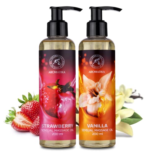 Sinnliches Massage Öle Set 2x200ml - Erdbeere und Vanille - Körper Massage Öl mit Mandelöl und Traubenkernöl - Essbar - Verzehrbar - Kissable Öl - Entspannungöl - Liebesöl - Massageöl für Paare - Image 3