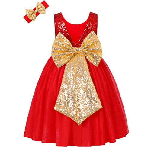 ANATA Newborn Baby Girl Tutu Dress Sparkle Sleeveless V-Back Baptism Dress for Baby Girls with Headband Formal Prom Gown Thanksgiving Day Red Gold 03 12-24Months