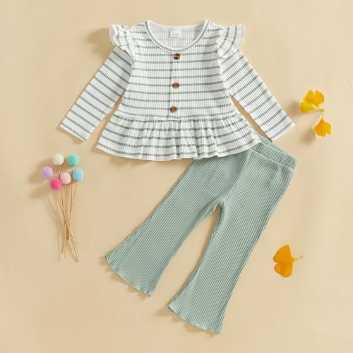 Mubineo Toddler Baby Girl Clothes Cute Ribbed Outfits Knit Long Sleeve Shirt Tops Bell Bottom Pant Fall Winter Outfit3