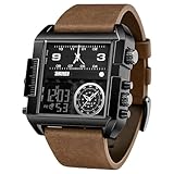 SKMEI メンズ デジタル スポーツウォッチ LED スクエア ラージ フェイス アナログ クォーツ 腕時計 マルチタイムゾーン 防水 ストップウォッチ, ブラック コーヒー, デジタル。