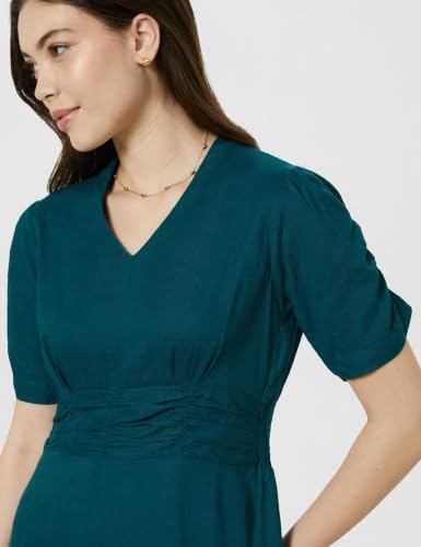 Image of Amazon Brand - Symbol Women's V-Neck Midi Dress | Ruched Waist, Puff Sleeves, A-Line Flared (Available in Plus Sizes)