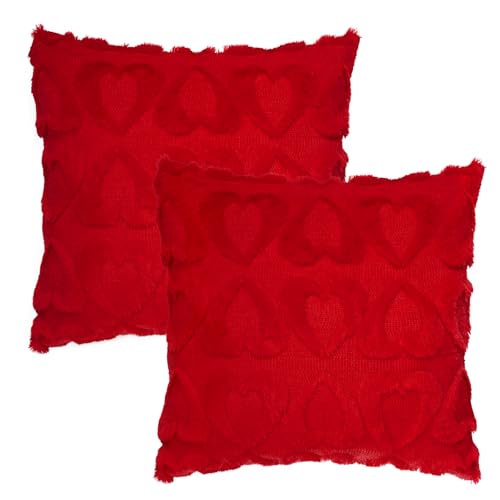 Image of Valentines Throw Pillow Covers 18x18 inch Set of 2 for Decoration, Soft Plush Faux Fur Love Heart Pillow Covers for Valentines Day Wedding Sofa Living Room Couch Bed Decor