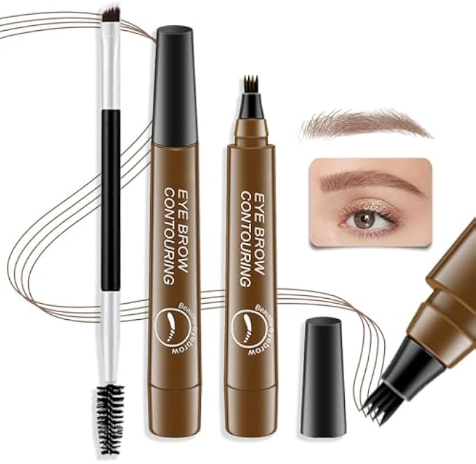 2Pcs Microblading Eyebrow Pen with Brow Brush,4 Tip Eye Brow Pencils for Women,Sponge Head Magical Precise Waterproof Brow Pen,Suake Eyebrow Contouring Pen,Creates Natural Brows - Light Brown