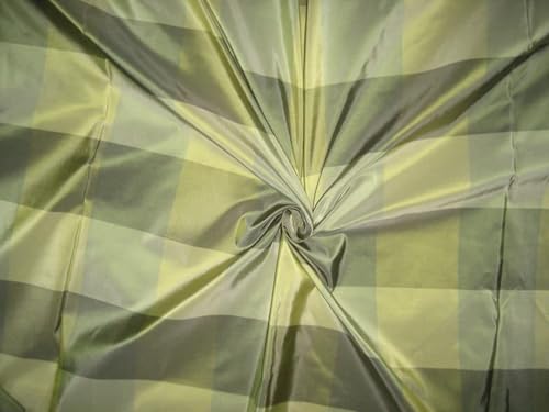 Tissu taffetas 100% pure soie verte à carreaux de haute couture - 4