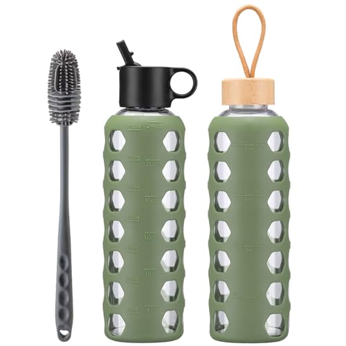BLUEGO Glass Water Bottle, 700ml Borosilicate Drinking Bottle with 2 Lids-Handle Flip Straw Lid&Bamboo Lid, Motivational Water Bottle with Time Marker and Silicone Sleeve, Leakproof, Olive