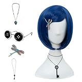 Coraline Women Cosplay Wig Dark Blue Bob Short Straight Hair Wig Button Glasses Key Necklace Gemstone Necklace Dragonfly Hairpin Costume Party Cosplay Wig (SET1)