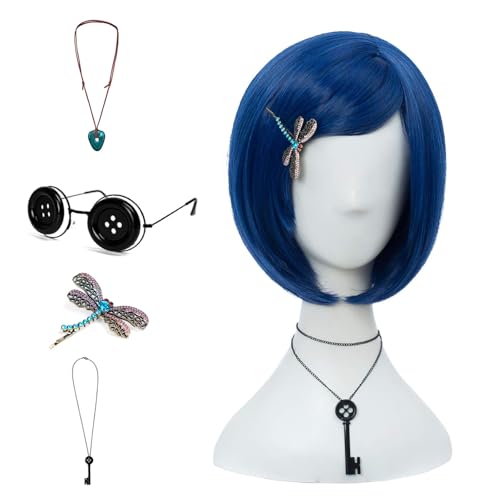 Coraline Women Girls Dark Blue Bob Short Straight Hair Wig Button Glasses Key Necklace Gemstone Necklace Dragonfly Hairpin Costume Party Cosplay Wig (SET1)