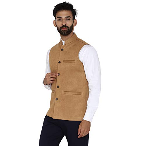Image of Men's Solid Tan Suede Bandhgala Ethnic Nehru Jacket