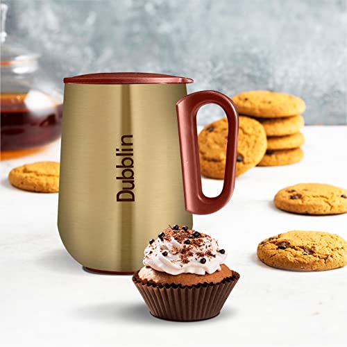 Image of DUBBLIN Rugby Stainless Steel Unbreakable Tea Coffee Mug Double Wall with Handle and Lid, Wide Mouth Mug Keeps Beverages Hot & Cold 270 ML Golden