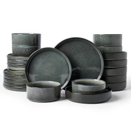 Image of Famiware Star 24-Piece Stoneware Dinnerware Sets, Service for 6 - Shallow Pasta Bowls & Flat Plates, Modern Rustic Reactive Glaze Dishes, Chip /Scratch Resistant, Microwave /Dishwasher Safe, Deep Forest