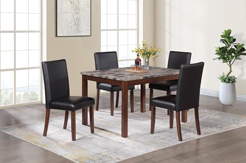 Poundex 5 Piece Dining Set Faux Marble Top with 4 Upholstered Chairs in Black