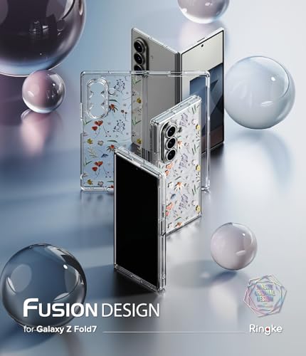 Image of Ringke Polycarbonate Fusion Design Compatible with Samsung Galaxy Z Fold 7 Case [Scratch Resistant] Slim Transparent Protective Back Cover with Shockproof Bumper- Dry Flowers