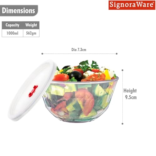 Image of SignoraWare Prism Brorsilicate Glass Bowl with Lid | Microwave & Freezer Safe | Elegant Design for Everyday Use | Durable & Scratch Resistant | Ideal for Mixing, Serving & Storing (1 LTR | Clear)