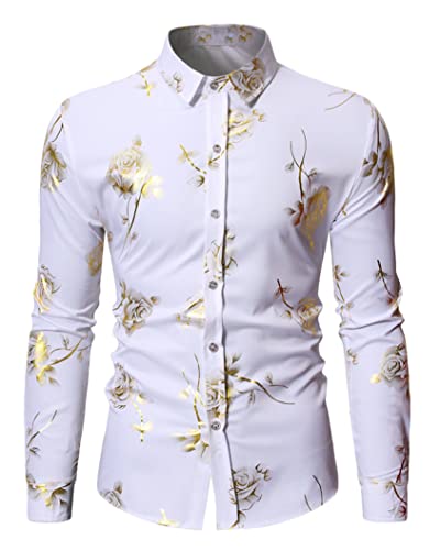 Générique JIER Hommes Chemises Imprimées Or Manches Longues Roses Floral Brillant Satin Robe Chemise Décontracté Fantaisie Mode Motif Fête De Bal Chemises Grande Taille Européenne (Blanc,M,M)