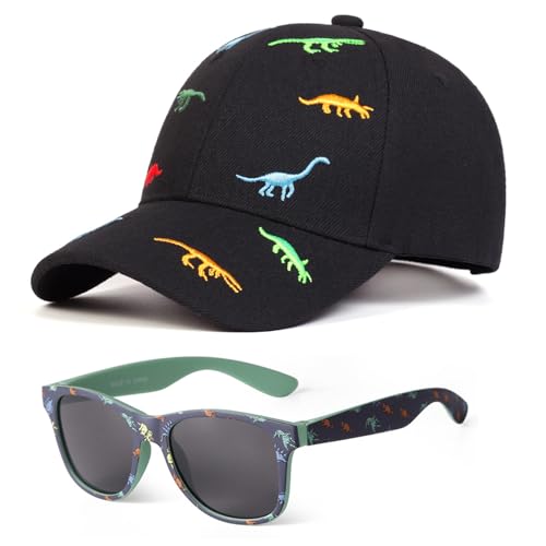 HTTDSLF Gorra de Béisbol para Niños, Dinosaurio Ajustable Gorra, Gorra Niño y Gafas de Sol Proteccion UV, para 3 a 8 Años Niños Regalos