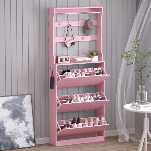 Image of BORNOON Shoe Cabinet with 3 Flip Drawers & Coat Rack, Narrow Hidden Shoe Storage Cabinet, 2-in-1 Hall Tree Slim Freestanding Shoe Rack Organizer for Entryway, Hallway, and Living Room