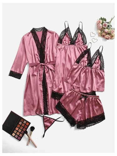 Image of GORGLITTER Women's 5 Piece Floral Print Satin Silk Pajama Set Nightgown Robe Cami Shorts Sleepwear Pj Sets