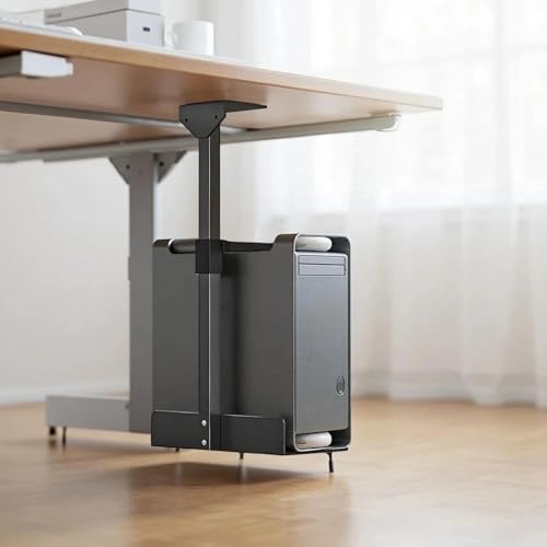 Soporte para CPU bajo el escritorio, altura ajustable de 3,9 a 18,5 pulgadas (100 a 470 mm), soporte para torre de PC con giro de 360°, soporte metálico resistente con acabado negro, ahorra espacio para hogar, oficina y sala de juegos miniatura 5
