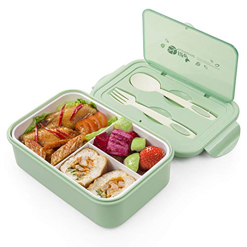 Bento Box para adultos y niños, contenedor de almuerzo con cuchara y tenedor, cajas reutilizables de almacenamiento de alimentos divididos de 3 compartimentos, para comidas y aperitivos (verde) Cover