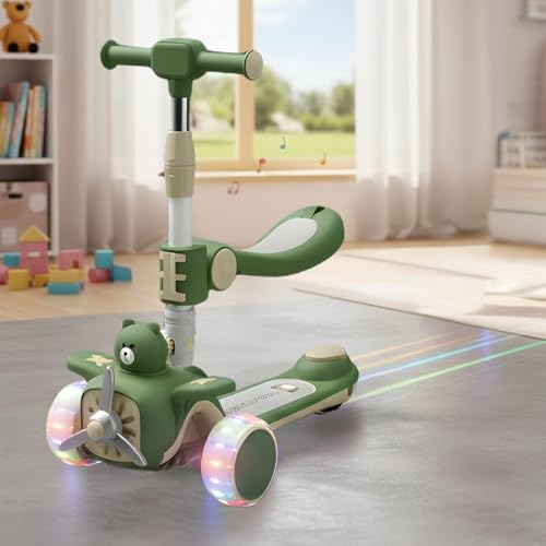 Image of 2-in-1 Modernistic Kick Scooter for 3-10 Years Old Kids | 3-Level Height Adjustable Handlebar | Music & PU LED Flashing Wheels | Foldable and Lightweight (KS-213 Forest Green)