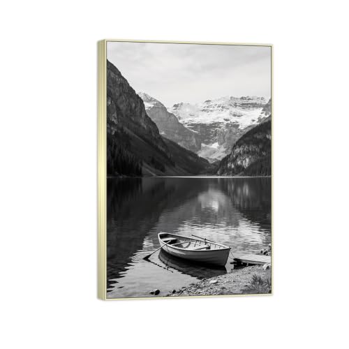 Tableau toile lac bateau noir et blanc paysage déco murale encadrée