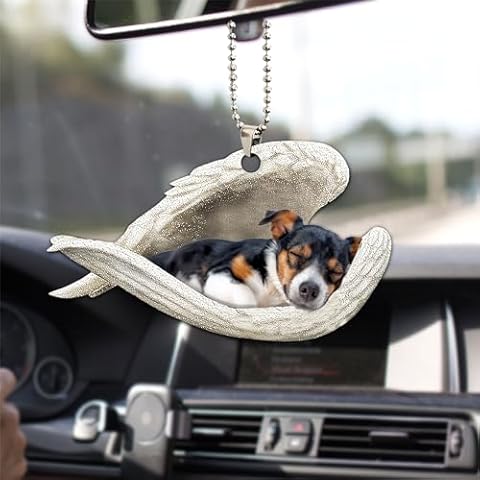 Talataca Rat Terrier Sleeping Angel Wing Memorial Dog 2D Flat Car Rear View Mirror Accessories Christmas Tree Ornament Decoration Hanging Charm Interior Rearview Pendant Decor Gift Cover