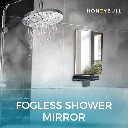 HONEYBULL Fogless Shower Mirror for Shaving – Anti Fog Mirror for Shower with Water Tank, Adhesive Hook Mount, Bonus Razor Holder & Squeegee – for Men and Women, Small Bathroom Accessory (Black)