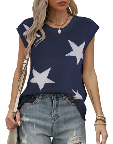 Image of Alsol Lamesa Women's Summer Cap Sleeve Sweater Vest 2024 Crewneck Sleeveless Pullover Knit Lightweight Tank Tops, Large, 911 Navy