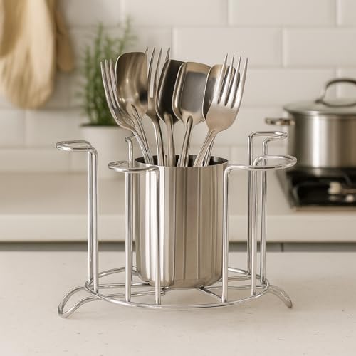 Image of Stainless Steel Glass Stand Holder for Kitchen & Dining | Rust-Proof Glass Organizer for 6 Glasses with Center Storage Cup | Space-Saving Glass Rack for Home, Hotels & Restaurants