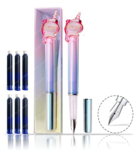 FunBlast Fountain Pen - Unicorn Fountain Pen Set, Medium Point Nib Fountain Pens set for School, Office, Kawaii Stationery Set, Birthday Return Gift (1 Pen, 7 Refills-Blue Ink) (Pink)