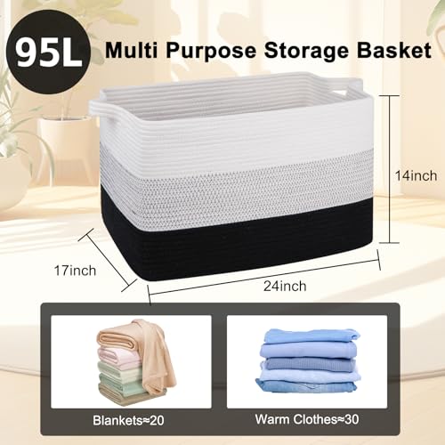 Image of OIAHOMY Extra Large Blanket Basket, 95L Cotton Rope Woven Laundry Basket, Toy Bin for Baby Room, Container for Blanket Storage in Living Room, 24''x17''x14'', Gradient Black