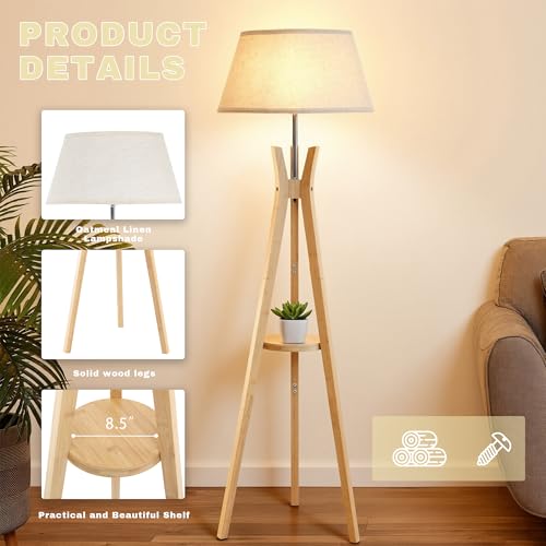 Image of Tripod Floor Lamp with Shelf, Modern Corner Lamp for Living Room | Mid Century, 59'' Tall, Bamboo Standing Lamp for Bedroom, for Office, Linen Shade, E26 Base, Natural