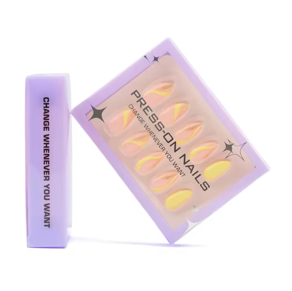 30 Pcs. Yellow and Natural Color Press On Nails – Short almond Shape Acrylic Nails | Full Cover with Glue, File & Stick – Reusable Nail Tips Kit (GD08)