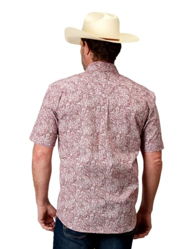 MENS SHORT SLEEVE BUTTON STRETCH POPLIN RED PAISLEY WESTERN SHIRT2