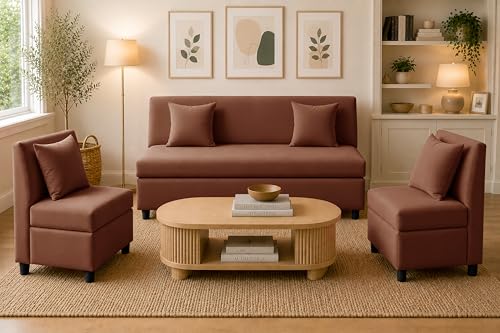 Ministry of Décor 3+1+1 Modern Velvet Fabric Sofa Set for Living Room | Three Seater Sofa with 2 Single Seater Chairs | for Home, Office| Brown