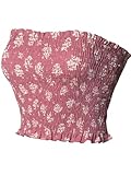 MixMatchy Women's Floral Print Ruffled Smocking Crop Tube Tops Summer Casual Bandeau Tops Mauve/White M