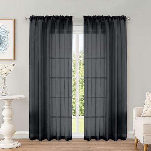 Image of OWENIE Black Sheer Curtains 72 Inches Long 2 Panels Set, Transparent Voile Sheer Curtain for Living Room Bedroom Window Sliding Glass Door Treatment, 59 x 72 Inch, Black