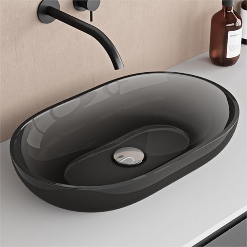 doporro Vasque à Poser Ovale Petit Lave Mains Lavabo 54x34x10,5cm Gris en Résine Transparente Salle de Bain WC Invités Coloria03