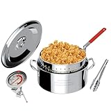 10QT stainless Steel Fish Fryer Pot with Lid | Fryer Tong | Thermometer | Deep Fryer with 8Qt Basket for Cooking Seafood | French Fries | Chicken Wings | Dishwasher safe