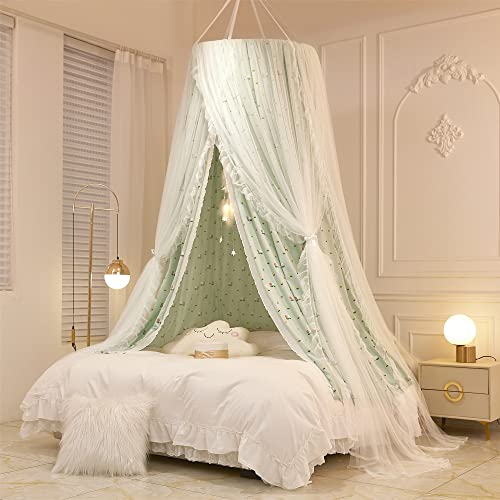 Vethin Double Layer Princess Round Dome Canopy Bed Curtain For Girls Adults,Children Dreamy Mosquito Net,Cute Bedroom Decoration Castle Play Tent Reading Nook Canopies (Green Flowers/White) #TOP13