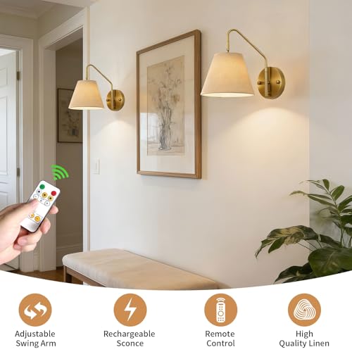 Image of Gold Wireless Wall Sconces Set of Two, Swing Arm Battery Wall Sconce, Battery Operated Wall Sconce with Remote, Battery Sconces with Linen Lampshade, Rechargeable Wall Lights for Living Room