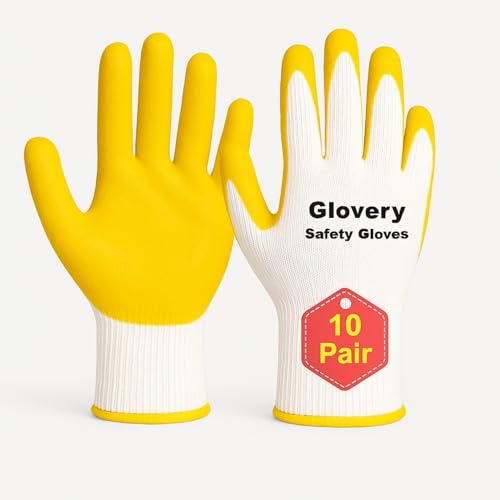 Image of Nylon Safety Work Gloves with Nitrile Coating - Industrial-Grade Protection for Cleaning, Warehouse, Mechanics, Construction - Durable, Flexible, Non-Slip Grip (White & Yellow, 10 Pair)