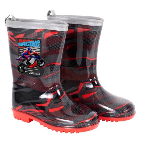 PERLETTI Bottes Pluie Enfant avec Moto de Course - Bottines Petit Garçon en PVC Détails Réfléchissants - Galoches Imperméables Enfants Semelle Antidérapante (26/27...