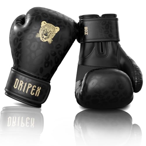Dripex Guantoni da Boxe 8 oz, Guanti da Sacco Boxe in Pelle PU, Guantoni da Allenamento Muay Thai MMA Arti Marziali Combattimento, Boxing Gloves Uomo Donna Bambino, Pantera Nera
